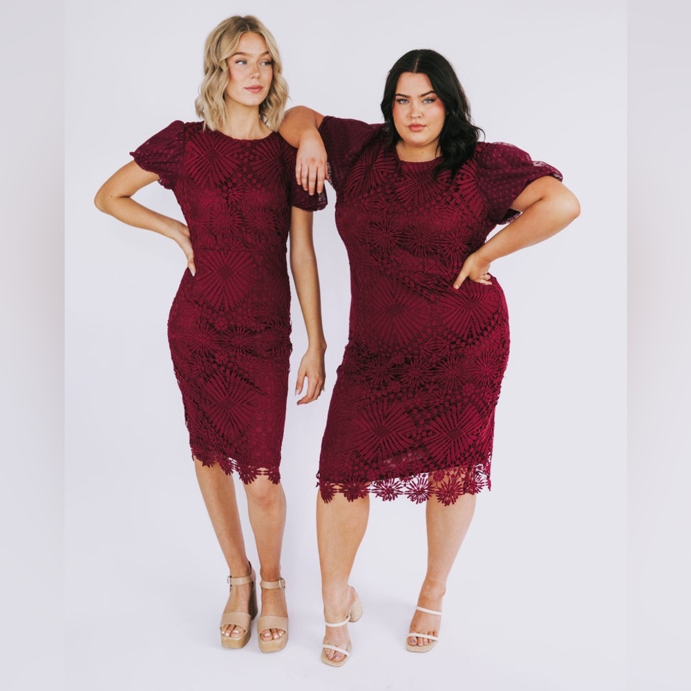 One Loved Babe Helena Berry Red Floral Lace Polka Dot Mesh Sleeves Midi Dress XL